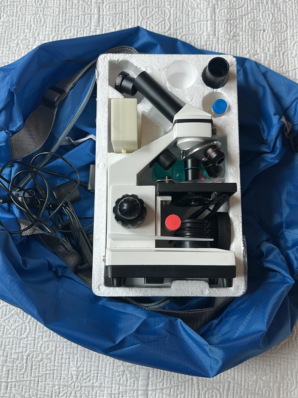 White Compound Microscope with Black & Red Accents